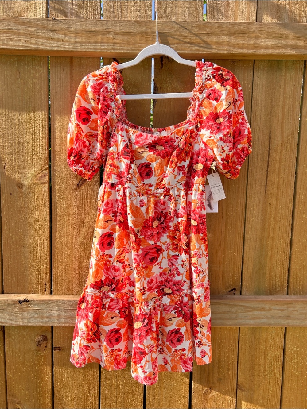 NWT Jessica Simpson Linen Blend Dress Floral Puff Sleeve Size Small